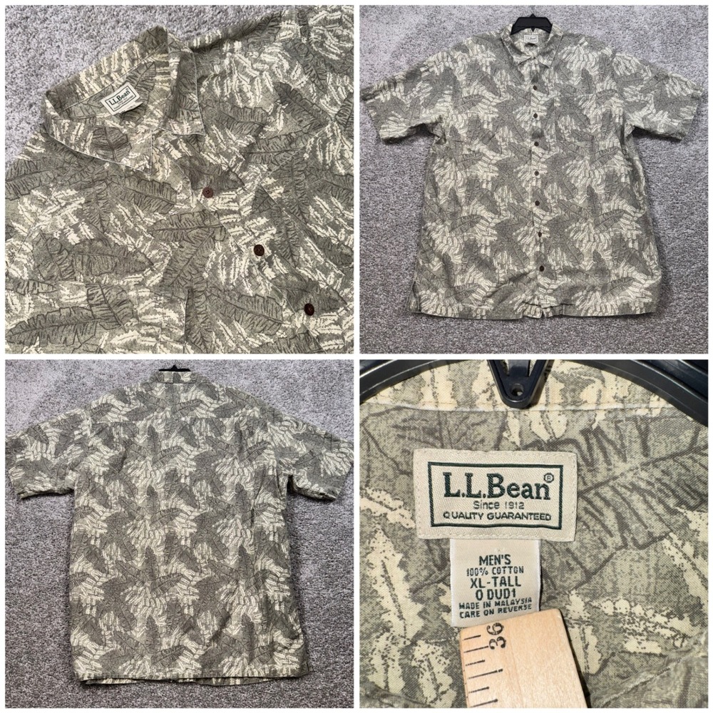 L.L.Bean Tropical Leaf Print Button Down Men Olive Green XL-Tall EXCELLENT